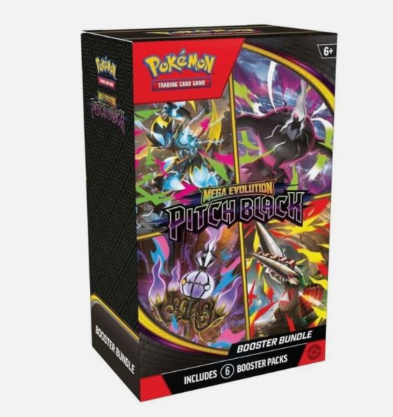 Pokémon TCG Mega Evolution – Pitch Black Booster Bundle mit 6 englischen Boosterpacks, Vorderseite der Verpackung
